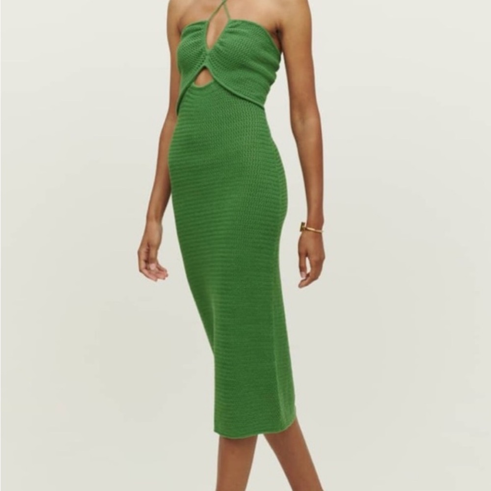 Reformation Strapless Green Knit Midi Dress